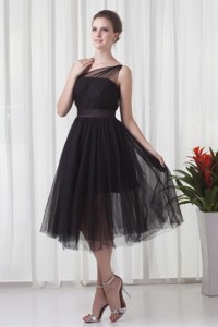 One Shoulder Black Tulle Tea-length Party Dress