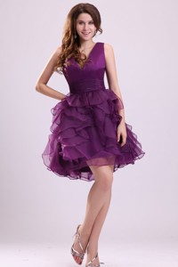 Pretty Purple V-neck Party Dress With Ruffled Layers Mini-length