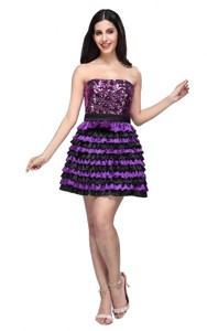 Multi-color Strapless Ruffled Layers Sequins Knee-length Party Dress