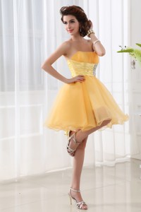Strapless Organza Gold Mini-length Party Dress With Ruching