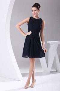 Simple Navy Blue Chiffon Knee-length Beading Decorate Scoop Party Dress