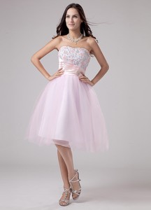 Lace And Beading Strapless Tulle Tea-length Lace And Beading Party Dress Pink