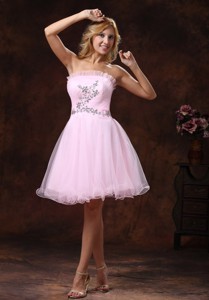 Strapless Baby Pink And Custom Mini-length Made Party Dress With Beading Organza