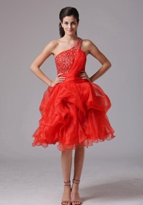Custom Made Red One Shoulder Beaded Decorate Bust Prom Cocktail Dress With Organza In Monroe
