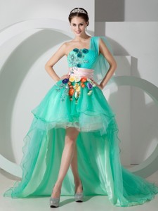 Super Hot Ice Blue One Shoulder High-low Princess Party Dress With Beading And Appliques