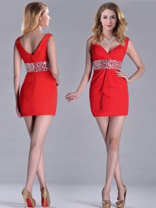 Hot Sale Beaded Decorated Waist V Neck Party Dress In Red
