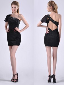 Best One Shoulder Black Party Dress With Beaded Decorated Criss Cross
