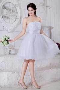 White Pricess Strapless Short Party Dress Organza Appliques Mini-length
