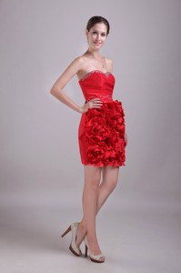 Red Column/sheath Sweetheart Mini-length Satin Beading Party Dress