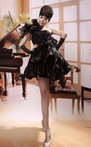 Black One Shoulder Mini-length Hand Made Flowers Stylish Customize Dress For Party In Glenluc