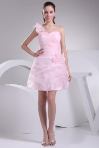 One Shoulder Short Baby Pink Ruched Party Dress With Handmade Flower
