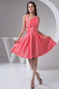 Asymmetrical Ruched Taffeta Prom Holiday Dress in Watermelon