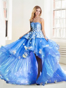 Popular High Low Organza Party Dress With Hand Made Flowers