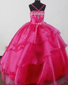 Beautiful Straps Fuchsia Little Girl Pageant Dress With Beading Organza