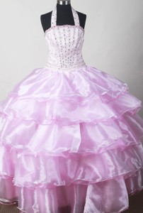 Baby Pink And Beaded Decorate Halter For Little Girl Pageant Dress