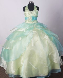 Yellow Green Little Girl Pageant Dress With Beading Hand Made Flower