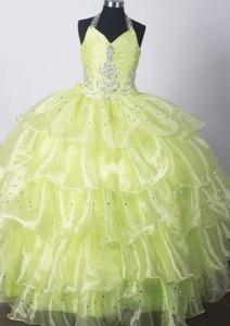 Fashionable Yellow Green Little Girl Pageant Dress With Beading And Ruffled Layers