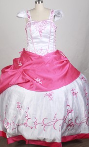 White and Hot Pink Cap Sleeves Embroidery Decorate Flower Girl Pageant Dres 