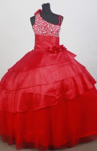 Asymmetrical Red Beaded and Flowers Decorate Flower Girl Dress 