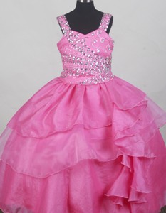 Hot Pink Straps Neckline Beaded Decorate Bodices Flower Girl Pageant Dress 
