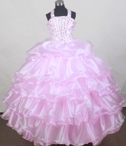 Brand New Halter Baby Pink Flower Girl Pageant Dress With Beaded And Ruffled Layers Decorate
