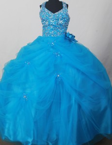 Blue Sweet Haltert Neckline Flower Girl Pageant Dress With Beaded and Flowers Decorate 
