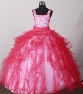 Coral Red Straps Beading Ruffles Organza Little Girl Pageant Dress