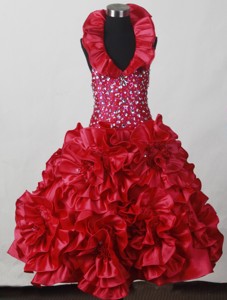 Red Little Girl Pageant Dress With Hand Made Flowers And Beading