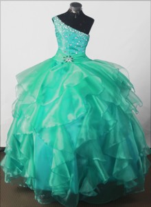 Elegant Beading Ball Gown One-shoulder Floor-length Little Girl Pageant Dress 