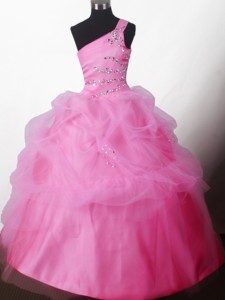 Pretty Ball Gown Beading One-shoulder Floor-length Little Gril Pageant Dress 