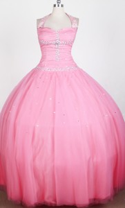 Simple Beaded Decorate Bodice Ball Gown Halter Top Floor-length Little Gril Pageant Dress 