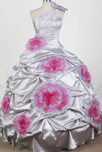 Popular Beading Hand Made Flowers Ball Gown One Shoulder Floor-length Little Gril Pageant Dress 