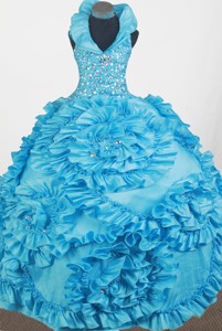 Luxurious Beading Hand Made Flowers Ball Gown Little Gril Pageant Dress Halter Top Floor-length 
