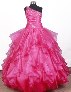 Beautiful Beading Ruffles Ball Gown Little Gril Pageant Dress One Shoulder Floor-length 