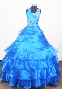 Blue Little Gril Pageant Dress With Ruffled Layered and Beading 