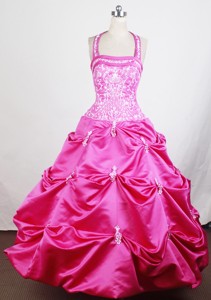 Halter Top And Embroidery For Hot Pink Little Girl Pageant Dress With Appliques And Pick-ups