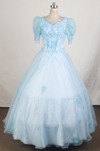 Short Sleeves And Light Blue For Fashionable Little Girl Pageant Dress With Beading