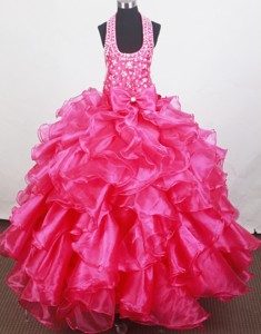 Beaded Decorate Halter And Bowknot For Little Girl Pageant Dress With Ruffles