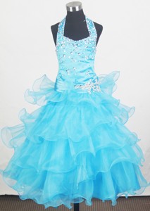 Beading Halter And Ruffled Layers Little Girl Pageant Dress With Aqua Blue