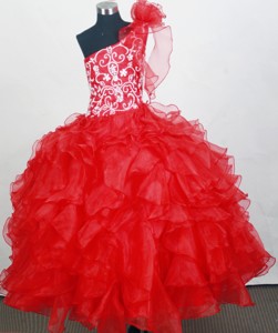 Red One Shoulder Little Girl Pageant Dress With Hand Made Flowers And Ruffled Layers