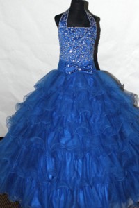 Beaded and Ruffled Layers Decorate Gorgeous Halter Neckline Flower Girl Pageant Dress 