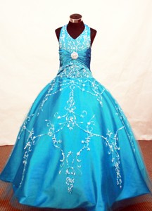 Modest Blue Flower Girl Pageant Dress With Appliques Decorate On Tulle Halter Neckline 