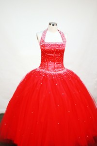 Red Custom Made Beaded Decorate Tulle Flower Girl Pageant Dress With Halter Neckline 