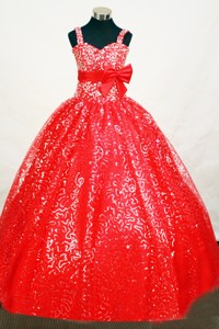 Elegant Sequin Red Flower Girl Pageant Dress With Belt and Beaded Decorate 