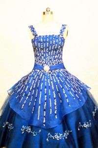 Blue Straps Neckline Flower Girl Pageant Dress With Beaded and Appliques Decorate On Organza 