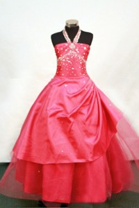 Sweet Halter Beaded Decorate Tulle Red Flower Girl Pageant Dress 