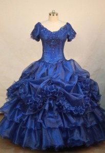 Luxurious Blue V-neck Short Sleeves Beaded Decorate Organza Flower Girl Pageant Dress 