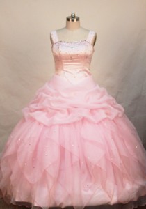 Baby Pink Flower Girl Pageant Dress With Straps Neckline Beaded Decorate Organza 