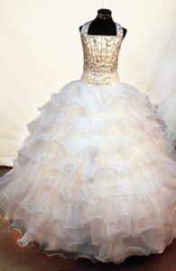 With Romantic Flower Girl Pageant Dress For Party With Beaded Decorate Halter Neckline Bowknot 