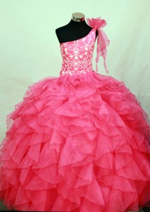 Perfect Hot Pink One Shoulder Neckline Flower Girl Pageant Dress With Embroidery and Flower Decorate